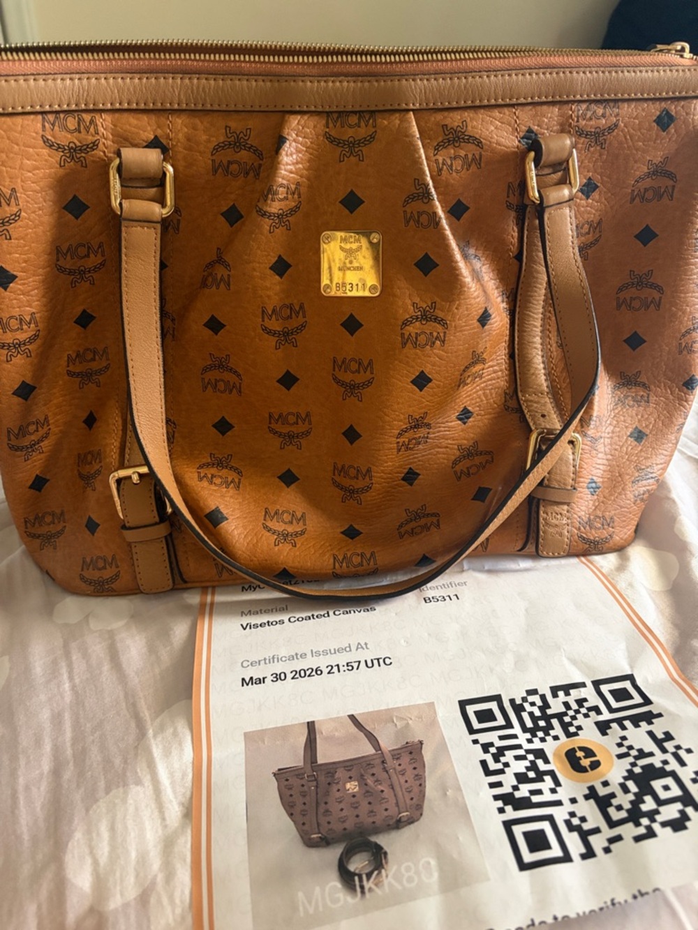 MCM Cognac Visetos Logo Tote with Gold Plaque